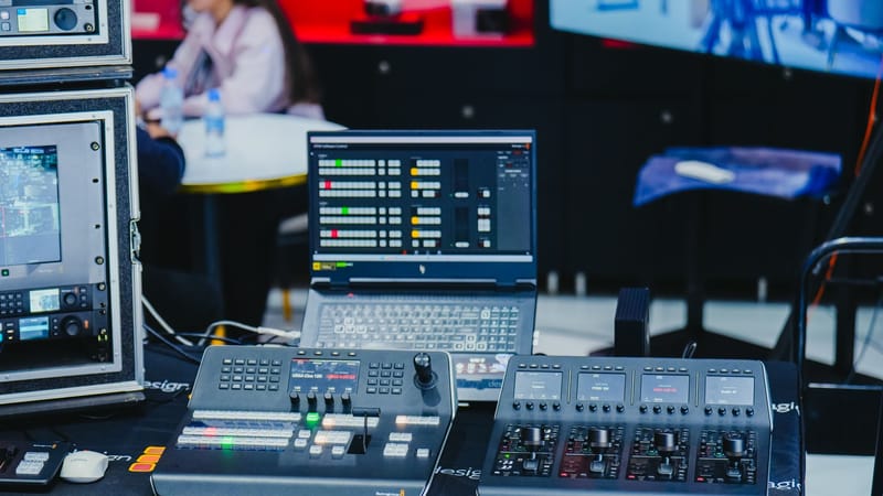Équipement de montage audiovisuel professionnel dans un environnement de studio numérique.