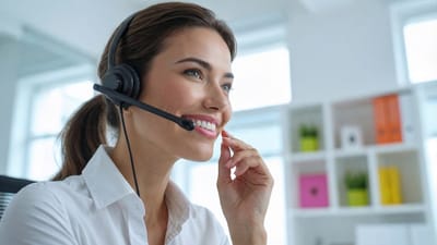 femme, casque, le sourire, bureau, professionnel, support, la communication, client, service, entreprise, appel, centre, ouvrier, brillant, amical, la technologie, microphone, aider, opérateur, ai généré