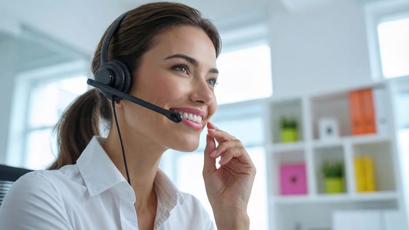 femme, casque, le sourire, bureau, professionnel, support, la communication, client, service, entreprise, appel, centre, ouvrier, brillant, amical, la technologie, microphone, aider, opérateur, ai généré