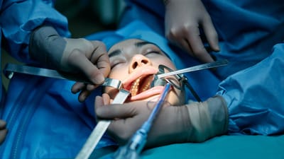 Des professionnels de la santé effectuant une chirurgie dentaire sur un patient dans un cadre de clinique.