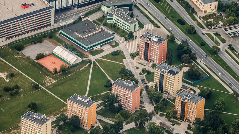 l'école polytechnique de l'université qui, polytechnique, l'école, des rues, rue, photo aérienne, la hauteur de la, bâtiments, immeubles, ville, kielce, więtokrzyskie, pologne, architecture, imeuble