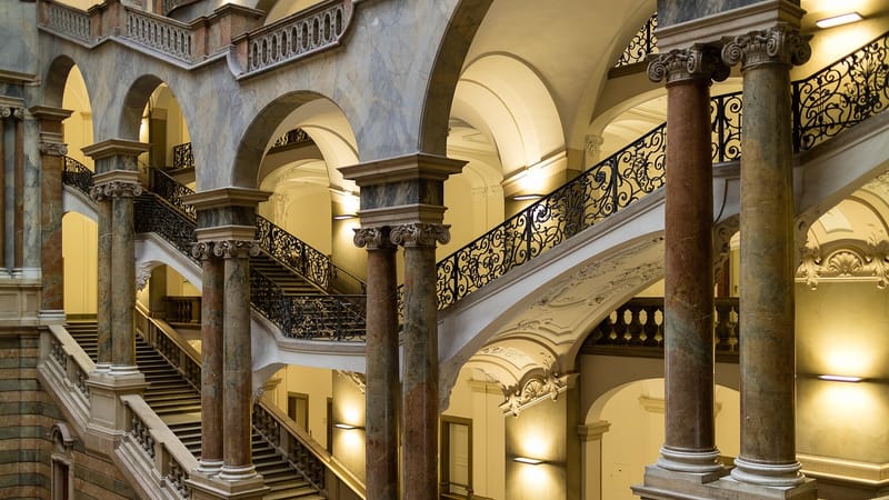 palais de justice, munich, bavière, escaliers, augmenter, allemagne, architecture, tribunal de district