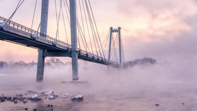 rivière, pont, brouillard, frost, hiver, montagnes, vapeur, nature, écologie, du froid, la glace, neige, eau, canard, des oiseaux