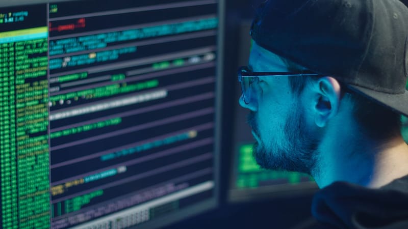 Un expert en cybersécurité inspectant des lignes de code sur plusieurs écrans dans un bureau faiblement éclairé.