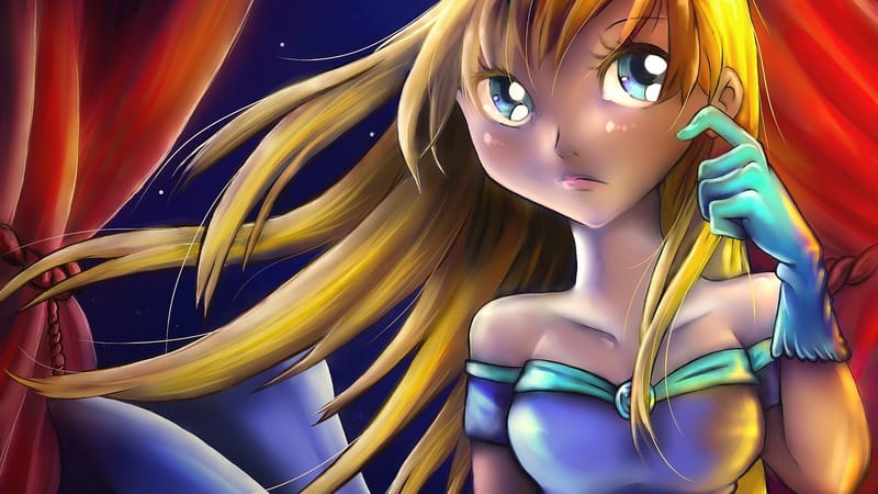 dessin, manga, cendrillon, attente, triste, fille, art digital, image, solitude, femme, tristesse, romantique, jeune fille, fille triste, nuit, soirée, seule, soir