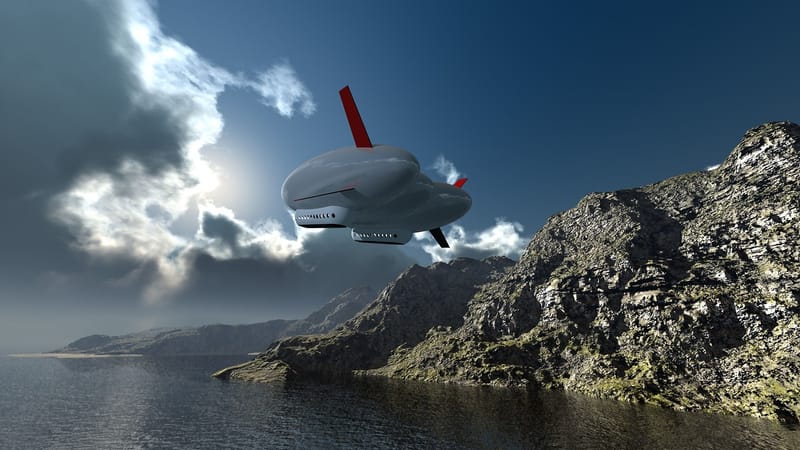 dirigeable, infographie, nature, 3d, oeuvre numérique, ciel dramatique, des nuages