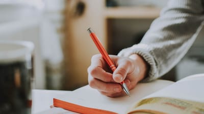 Une personne écrivant dans un carnet avec un stylo à bille rouge, mettant en avant le détail et la concentration.