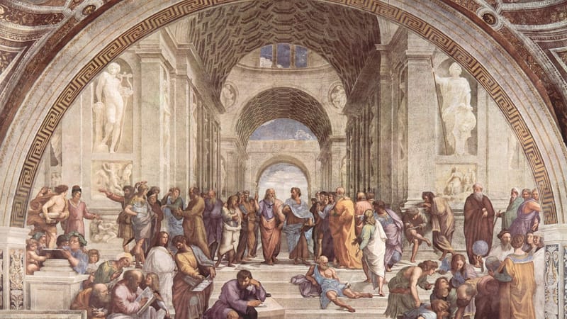 école d'art d'athènes, raphaël, peintre italien, fresque, 1509-1512, peinture, haute renaissance italienne, pape jules ll, rome, italie, palais du vatican, chambre de la signature, la stanza, musées du vatican, statues, fresque symbolique, figures majeures, philosophie, pensée antique, pensée chrétienne renaissance, hommes, étudiants, foi, religion, art, artwork, raffael, raffaello santi ou sanzio, artiste, artistes, couleurs, ocre beige pastel orange bleu, philosophie, philosophie, philosophie,