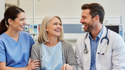 médecin, infirmière, patiente, hôpital, santé, consultation, médical, traitement, sourire, travail d'équipe, stéthoscope, professionnel de santé, soins de santé, positif, interaction, sœur, soins, visite