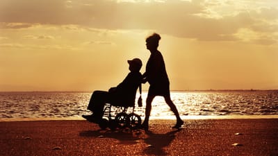 fauteuil roulant, marcher, se soucier, handicapés, coupler, nature, mer, coucher de soleil, caractères