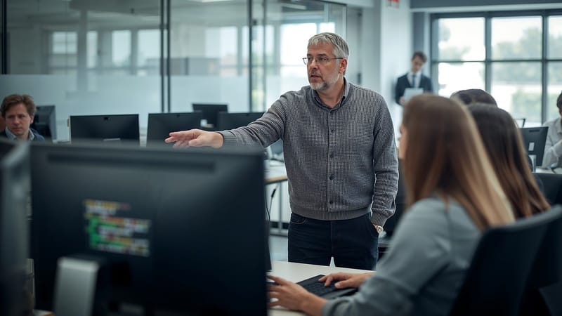 bureau, ordinateur, collaboration, travail en équipe, apprentissage, la technologie, moderne, lieu de travail, gens, entreprise, discussion, montrer du doigt, filtrer, salle de classe, formation, éducation, employés, professionnels, rencontre, grouper, interaction, aperçu, conseils, ai généré