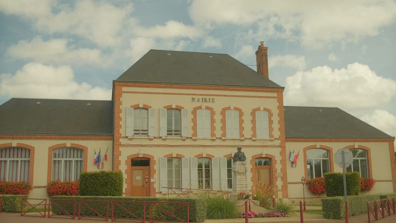 Image de style vintage d'un hôtel de ville français traditionnel avec drapeaux et fleurs.
