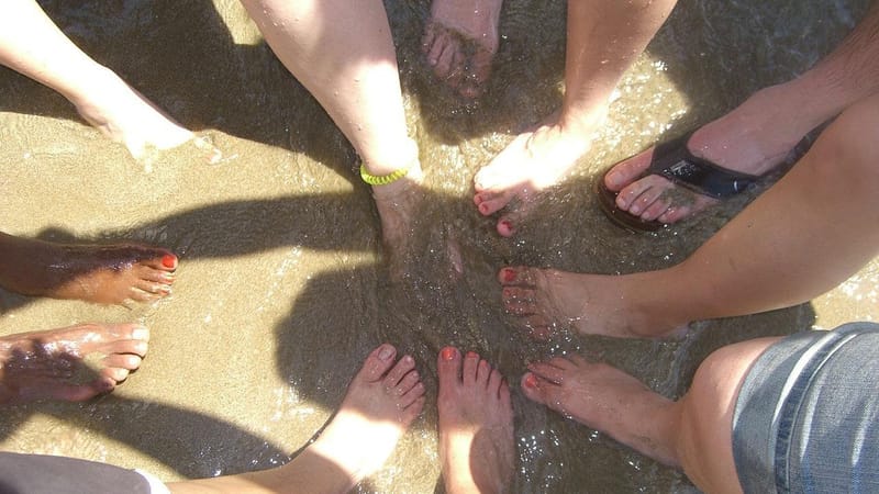 plage, plein, cercle, équipe, coordination, racisme, unité, brun de l'équipe, nature, brun cercle