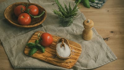 tomates, romarin, basilic, sel, poivre, épices, bois d'olivier, bloc de bois, nappe de table, séchage des herbes, table de cuisine, style scandinave, cuisine rustique, cuisine écologique, la conservation des aliments, cuisine moderne, réglage de la table, cuisine végétarienne, cuisine à la maison, ingrédients naturels