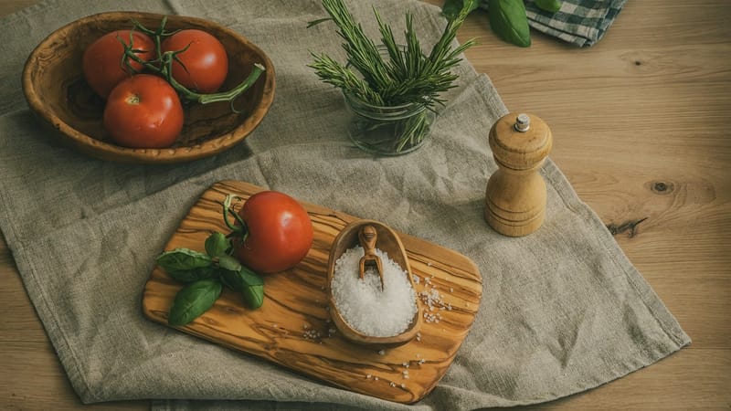 tomates, romarin, basilic, sel, poivre, épices, bois d'olivier, bloc de bois, nappe de table, séchage des herbes, table de cuisine, style scandinave, cuisine rustique, cuisine écologique, la conservation des aliments, cuisine moderne, réglage de la table, cuisine végétarienne, cuisine à la maison, ingrédients naturels