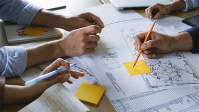 Gros plan sur des mains travaillant sur des plans d'affaires avec des notes autocollantes et des dessins dans un bureau.