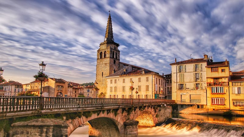 Saint-Girons — Pont vieux et Église de Saint Girons au coucher du soleil