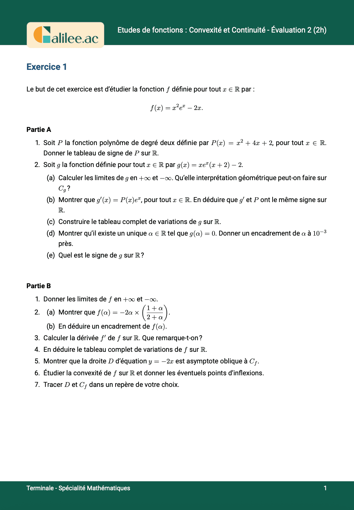 aperçu 1ere page evaluation terminale etude fonction convexité derivation 2