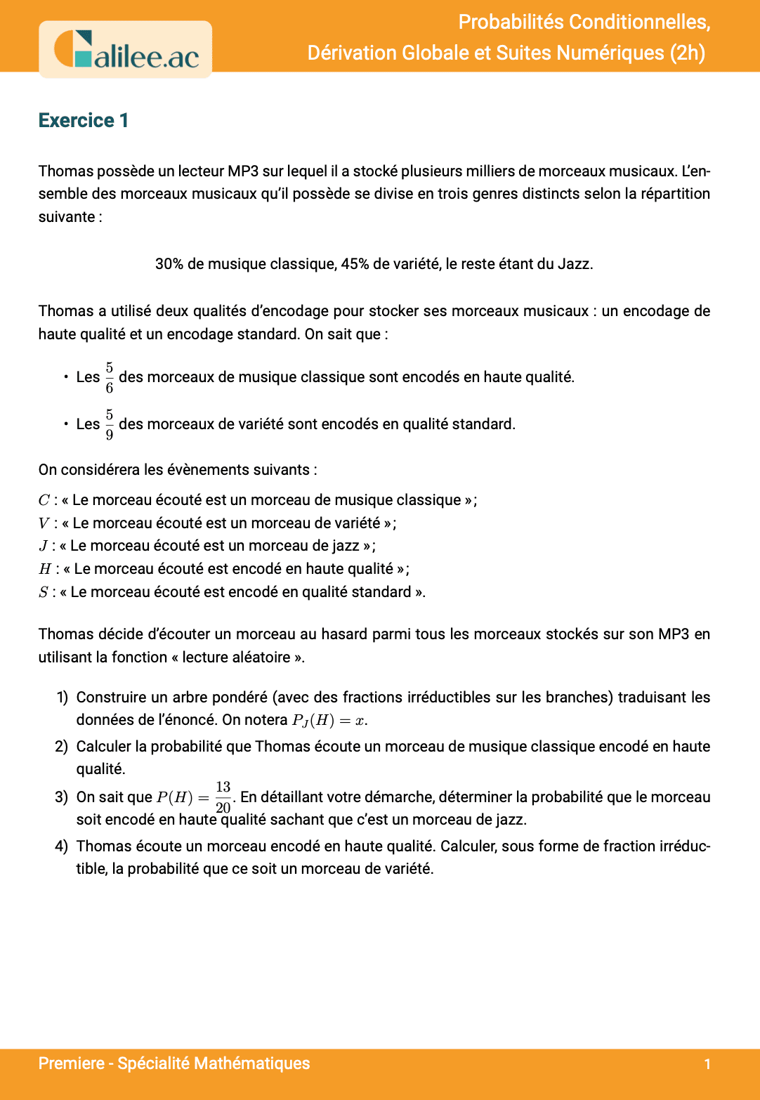 aperçu 1ere page evaluation 1ere maths spe proba derivation suite