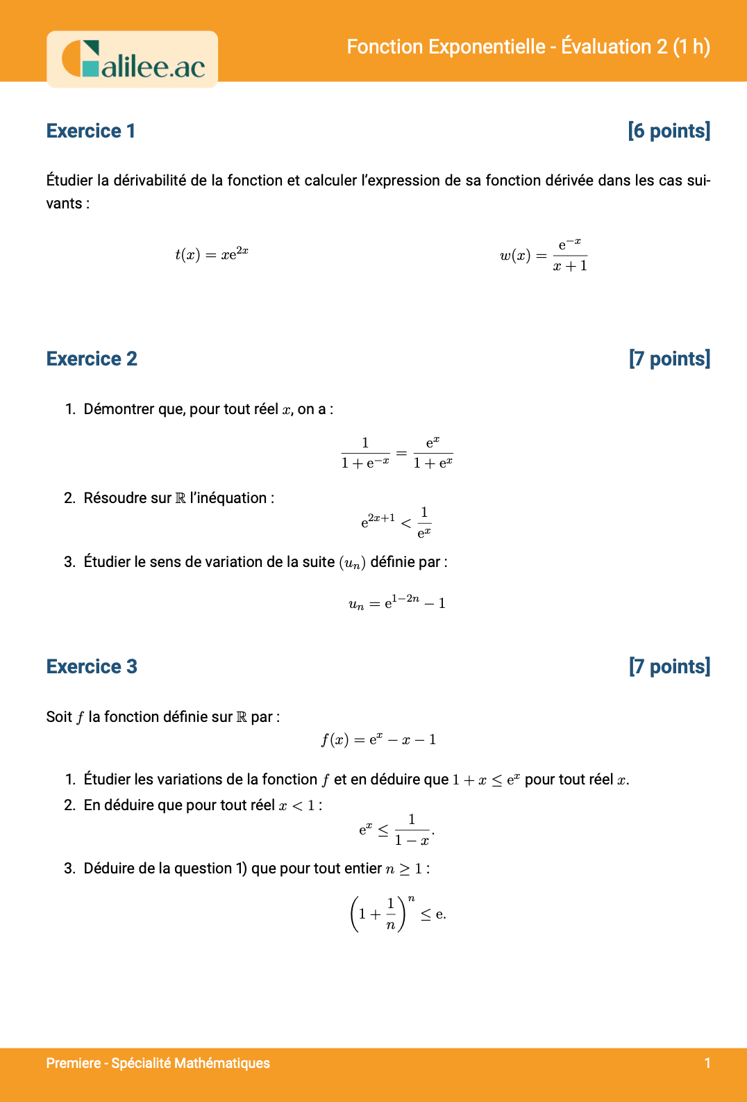 aperçu 1ere page evaluation 1ere spe maths exponentielle
