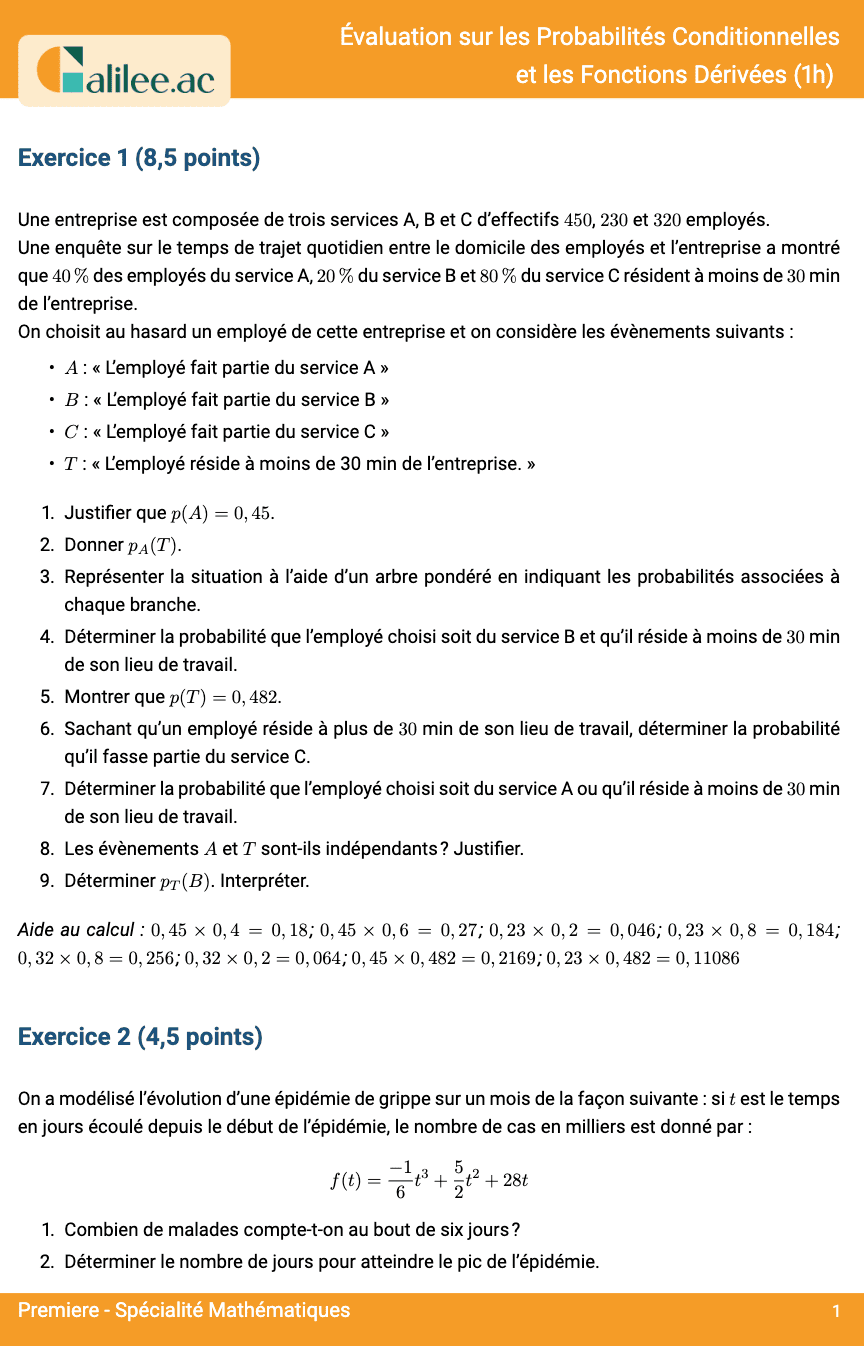 aperçu 1ere page evaluation 1ere spé maths proba et derivation