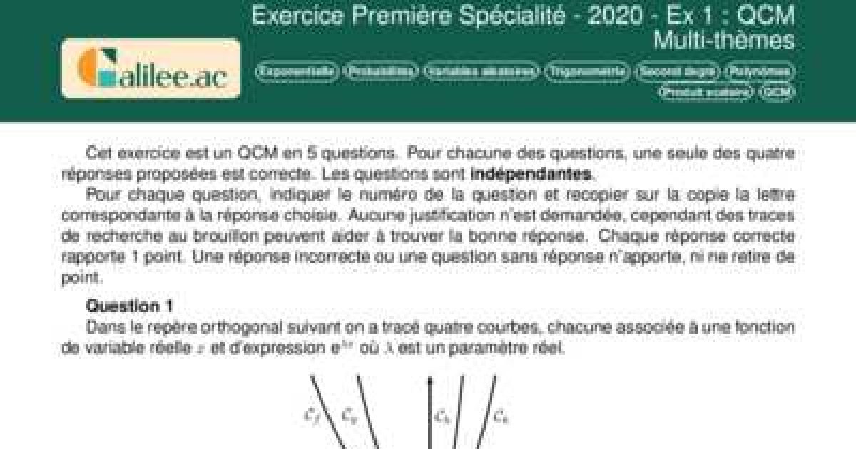Exercice Premire Spcialit - 2020 - Ex 1 : QCM Multi-thmes - Corrig PDF Exercice Premire Spcialit - 2020 - Ex 1 : QCM Multi-thmes - Corrig PDF