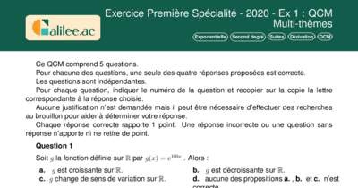 Exercice Première Spécialité - 2020 - Ex 1 : QCM Multi-thèmes - Corrigé PDF