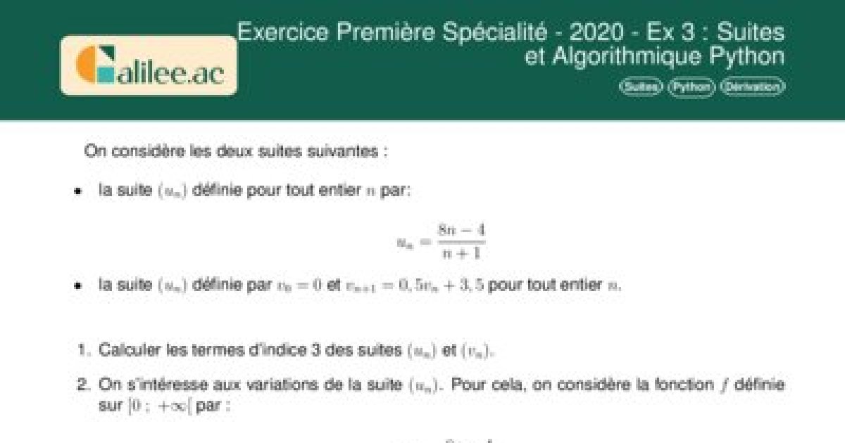 Exercice Première Spécialité - 2020 - Ex 3 : Suites et Algorithmique ...