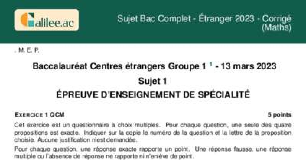 Sujet Bac Complet - Étranger 2023 - Corrigé (Maths) - Corrigé PDF