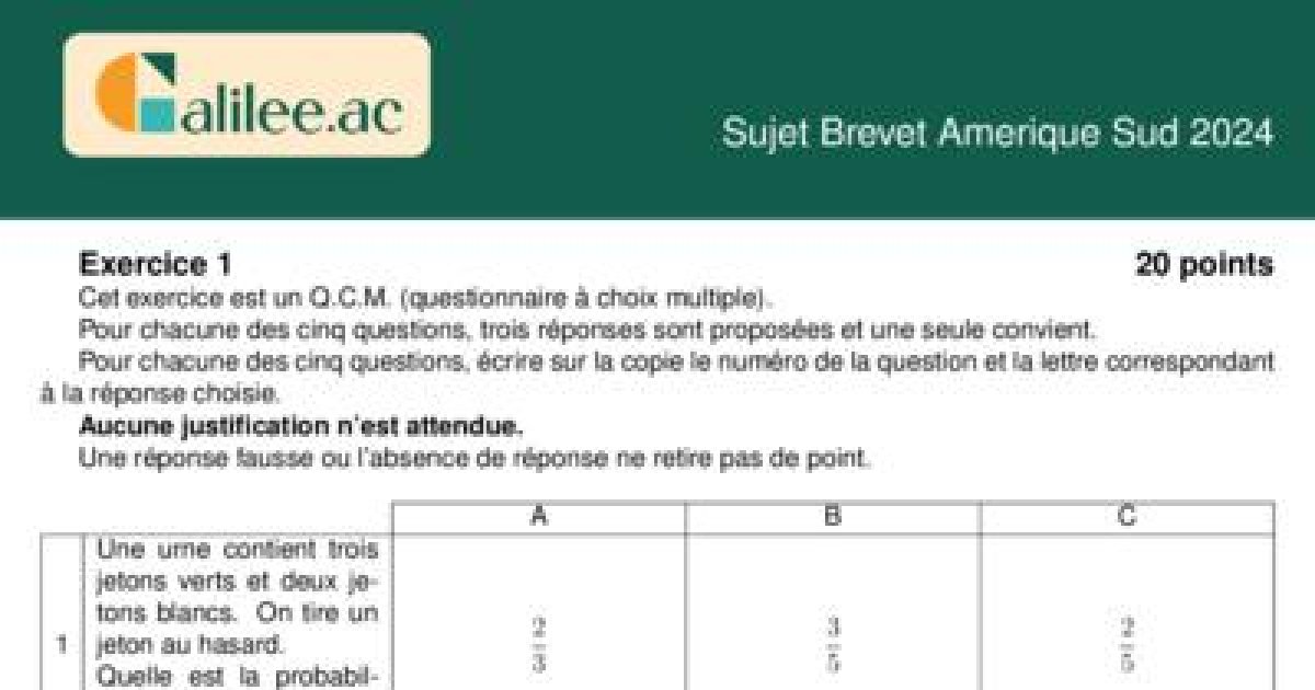 Sujet Brevet Maths 2024 - Amérique Sud - Corrigé, Analyse & Notions ...