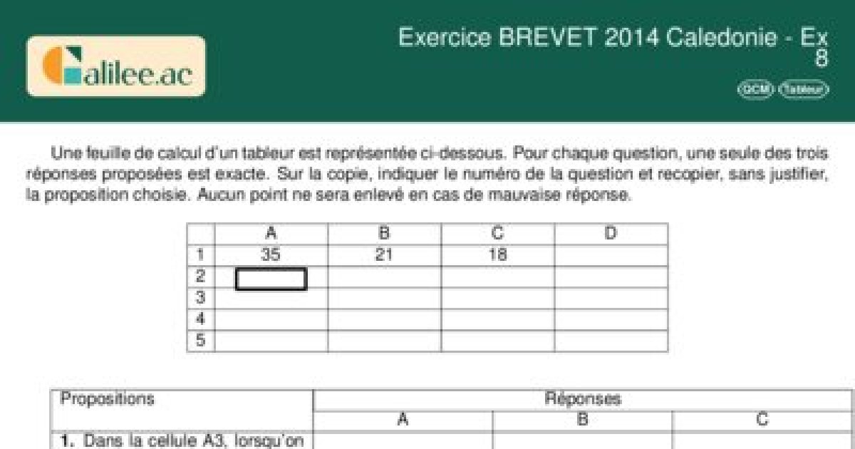 Exercice Corrigé Brevet Tableur-PDF 2014 - Ex 8 - Corrigé PDF